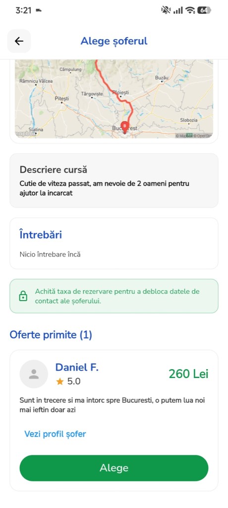 Ecran TransPro: clientul compară ofertele primite de la șoferi verificați