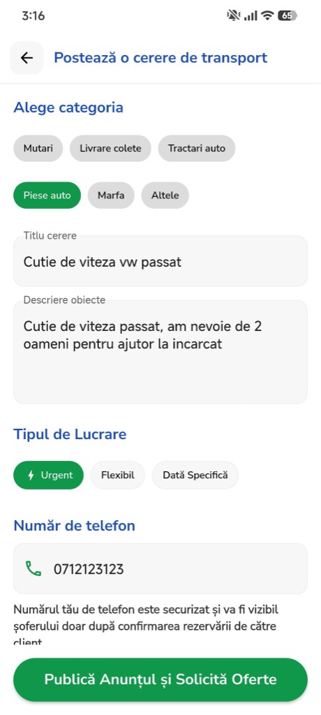Ecran TransPro: clientul postează o cerere de transport marfă cu adrese și detalii marfă