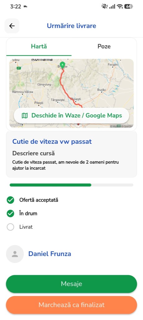 Ecran TransPro: urmărire cursă activă pe hartă cu traseu în timp real